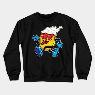 Happy Smiling Waffle Mascot strutting with Strawberries, strawberry syrup and whipped cream Crewneck Sweatshirt